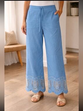 FIGUE COTTON Women's Blue Embroidered Wide-Leg Pants size S paper tag missing